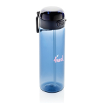 Garrafa desportiva em RPET com tampa antiderrame e palhinha 800 ml cor azul-marinho vista com logo