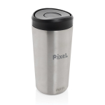 Copo térmico take away ecológico com tampa de clique 400 ml Avira Alix cor prateado vista com logo