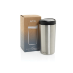 Copo térmico take away ecológico com tampa de clique 400 ml Avira Alix cor prateado vista com caixa