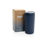 Copo térmico take away ecológico com tampa de clique 400 ml Avira Alix cor azul-marinho vista com caixa