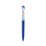 Caneta de plástico reciclado com tinta ultradeslizante escrita azul cor azul vista com logo