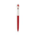 Caneta de plástico reciclado com tinta ultradeslizante escrita azul cor vermelho vista com logo