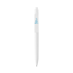 Caneta de plástico reciclado com tinta ultradeslizante escrita azul cor branco vista com logo