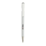 Caneta em plástico reciclado com recarga Dokumental® escrita azul cor branco vista com logo