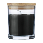 Vela com aroma a baunilha em frasco de vidro com tampa de bambu cor preto primeira vista