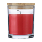 Vela com aroma a baunilha em frasco de vidro com tampa de bambu cor vermelho primeira vista