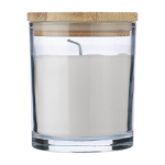 Vela com aroma a baunilha em frasco de vidro com tampa de bambu cor branco primeira vista
