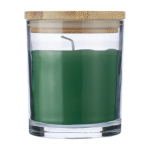 Vela com aroma a baunilha em frasco de vidro com tampa de bambu cor verde primeira vista