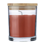 Vela com aroma a baunilha em frasco de vidro com tampa de bambu cor cor-de-laranja primeira vista