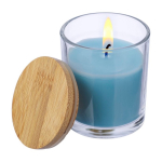 Vela com aroma a baunilha em frasco de vidro com tampa de bambu primeira vista