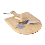 Tábua de pizza em bambu com guias de corte, cortador e espátula primeira vista