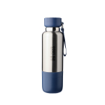 Garrafa de aço inoxidável com alça de pulso e copo na base 500ml cor azul vista principal