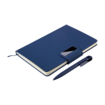 Caderno de PU reciclado com folhas pautadas A5 e caneta tinta azul primeira vista