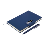 Caderno de PU reciclado com folhas pautadas A5 e caneta tinta azul segunda vista