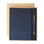 Caderno A5 com efeito de camurça na parte superior e caneta tinta azul cor azul primeira vista