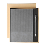 Caderno A5 com efeito de camurça na parte superior e caneta tinta azul cor cinzento primeira vista
