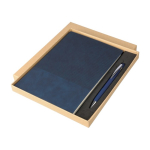 Caderno A5 com efeito de camurça na parte superior e caneta tinta azul quinta vista
