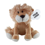 Peluche em forma de leão sentado com etiqueta personalizável primeira vista