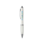 Caneta de plástico reciclado com pega de borracha tinta azul cor branco vista principal