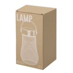 Candeeiro com design de metal e pega de PU na parte superior vista com caixa