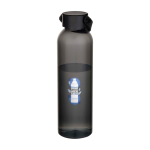 Garrafa de plástico reciclado com pega de silicone na tampa 630 ml cor preto vista impressão tampografia