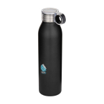 Garrafa de aço inoxidável reciclado com pega redonda 650 ml cor preto vista impressão tampografia