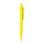 Caneta de plástico reciclado com design minimalista, tinta azul cor amarelo segunda vista com lateral