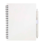 Caderno de plástico reciclado com caneta e porta-caneta, tinta azul cor branco segunda vista frontal