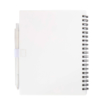 Caderno de plástico reciclado com caneta e porta-caneta, tinta azul cor branco segunda vista traseira