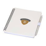 Caderno de plástico reciclado com caneta e porta-caneta, tinta azul cor branco vista impressão tampografia