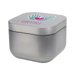 Vela aromática em lata quadrada com aroma a baunilha 50g cor prateado mate vista impressão tampografia