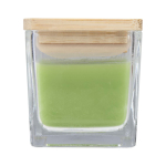 Vela aromática em frasco de vidro com tampa de bambu 40g cor verde esmeralda segunda vista frontal