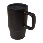 Caneca de cerâmica com tampa de plástico e asa grande 450 ml cor preto vista impressa logo 2