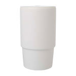 Caneca de cerâmica com tampa de plástico e asa grande 450 ml cor branco segunda vista frontal