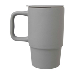 Caneca de cerâmica com tampa de plástico e asa grande 450 ml cor cinzento segunda vista com lateral