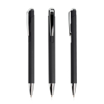 Caneta de alumínio com botão e detalhes prateados, tinta azul cor preto