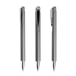 Caneta de alumínio com botão e detalhes prateados, tinta azul cor cinzento-escuro