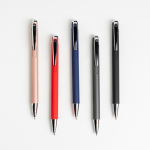 Caneta de alumínio com botão e detalhes prateados, tinta azul