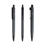 Caneta de alumínio com botão e detalhes prateados, tinta azul