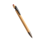 Caneta de bambu com ponteira táctil e detalhes metálicos, tinta azul cor vermelho