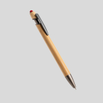 Caneta de bambu com ponteira táctil e detalhes metálicos, tinta azul cor vermelho