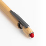 Caneta de bambu com ponteira táctil e detalhes metálicos, tinta azul