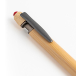 Caneta de bambu com ponteira táctil e detalhes metálicos, tinta azul