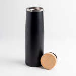 Garrafa térmica de aço inoxidável com tampa de bambu natural 550 ml cor preto