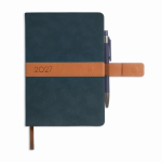 Agenda diária A5 com capa tipo nubuck e fecho magnético em PU cor azul-marinho