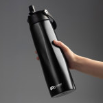 Copo térmico eco em aço inoxidável reciclado com pega e palhinha 1L cor preto