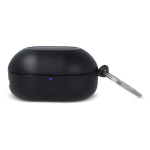 Auriculares pequenos em estojo do tamanho de um porta-chaves cor preto quarta vista