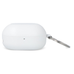 Auriculares pequenos em estojo do tamanho de um porta-chaves cor branco quarta vista