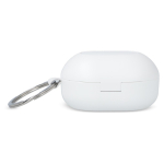 Auriculares pequenos em estojo do tamanho de um porta-chaves cor branco quinta vista