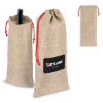 Saco de vinho com aspecto rústico de juta e cordão de fecho vermelho